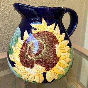 STYLE EYES Lovely Cobalt blue with sunflowers pitcher 7.5” x 9”